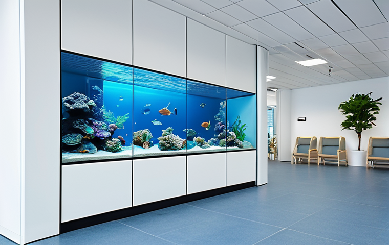 **Prompt:** Modern bank interior, soft blue tones, calming aquarium, creating trust and stability, Scandinavian design, natural light.
